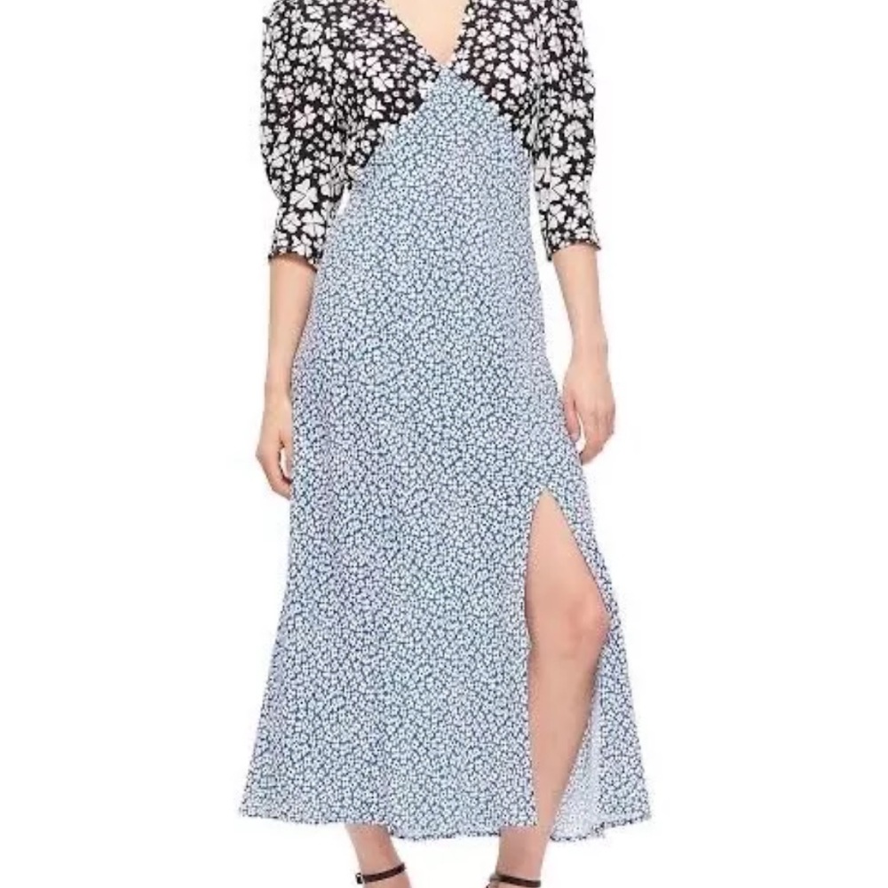 RIXO Black and White Midi Dress with Puff Sleeves and Plunge Neckline